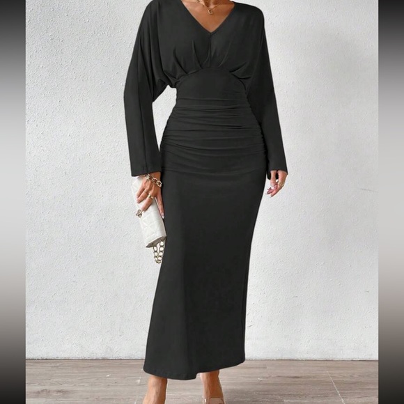 Batwing Sleeve Pleated Ruched Evening Party Dress - Picture 11 of 11